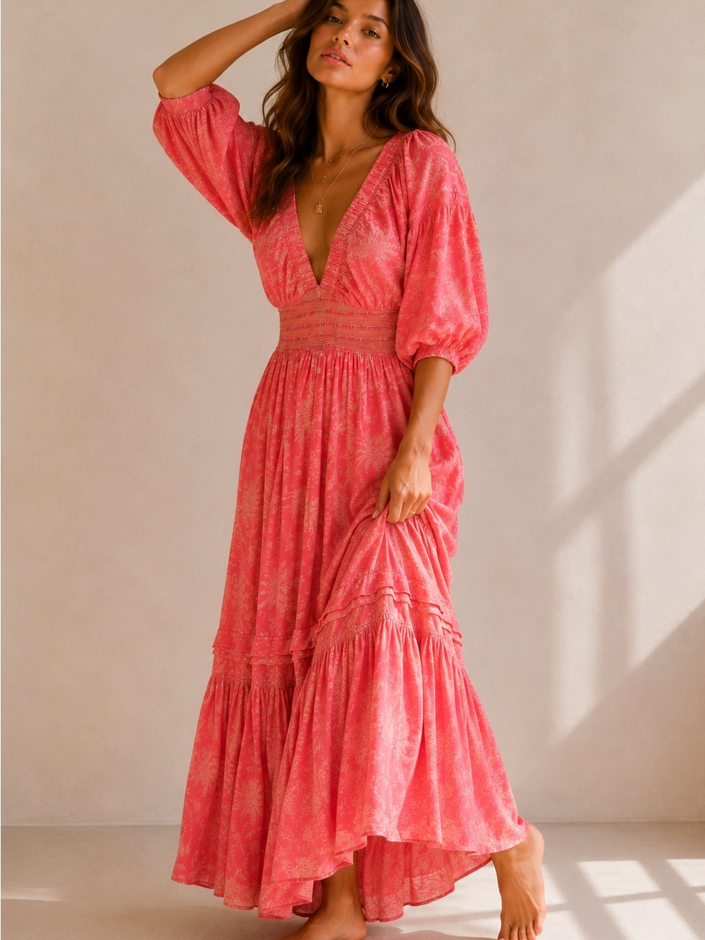 Free People Golden Hour Maxi Dress Coral Pink Floral Babydoll Beach Resort - Picture 4 of 15